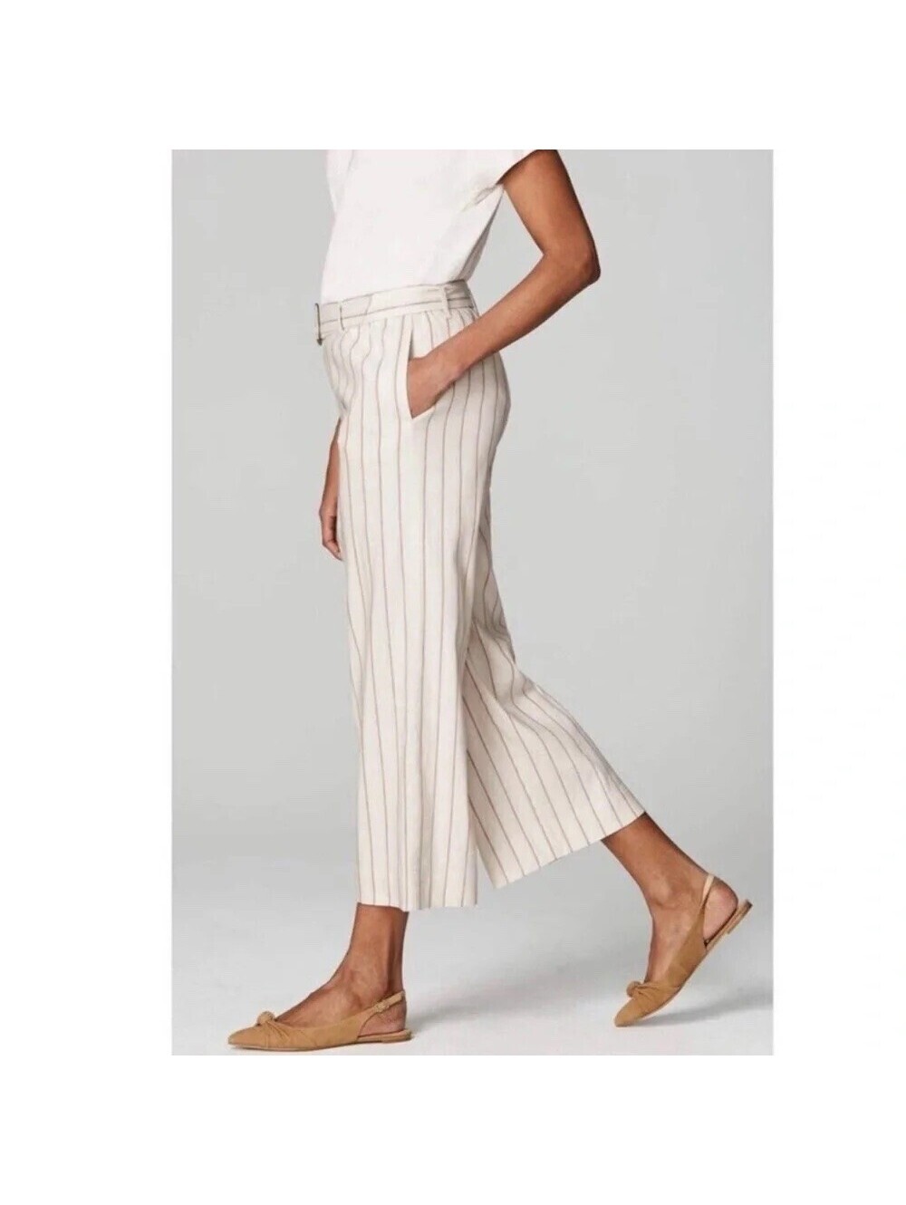 J. Jill NWOT Women's Cream Jenna Linen Wide Leg Striped Crop Pants Belted LP